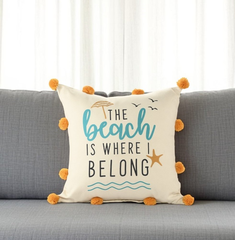 20" Natural Aqua And Orange The Beach Is Where I Belong Throw Pillow